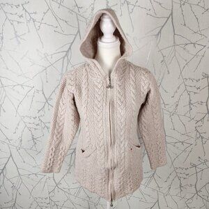 Aran Mor Ireland 100% Merino Wool Cable Knit Hooded Full Zip Sweater